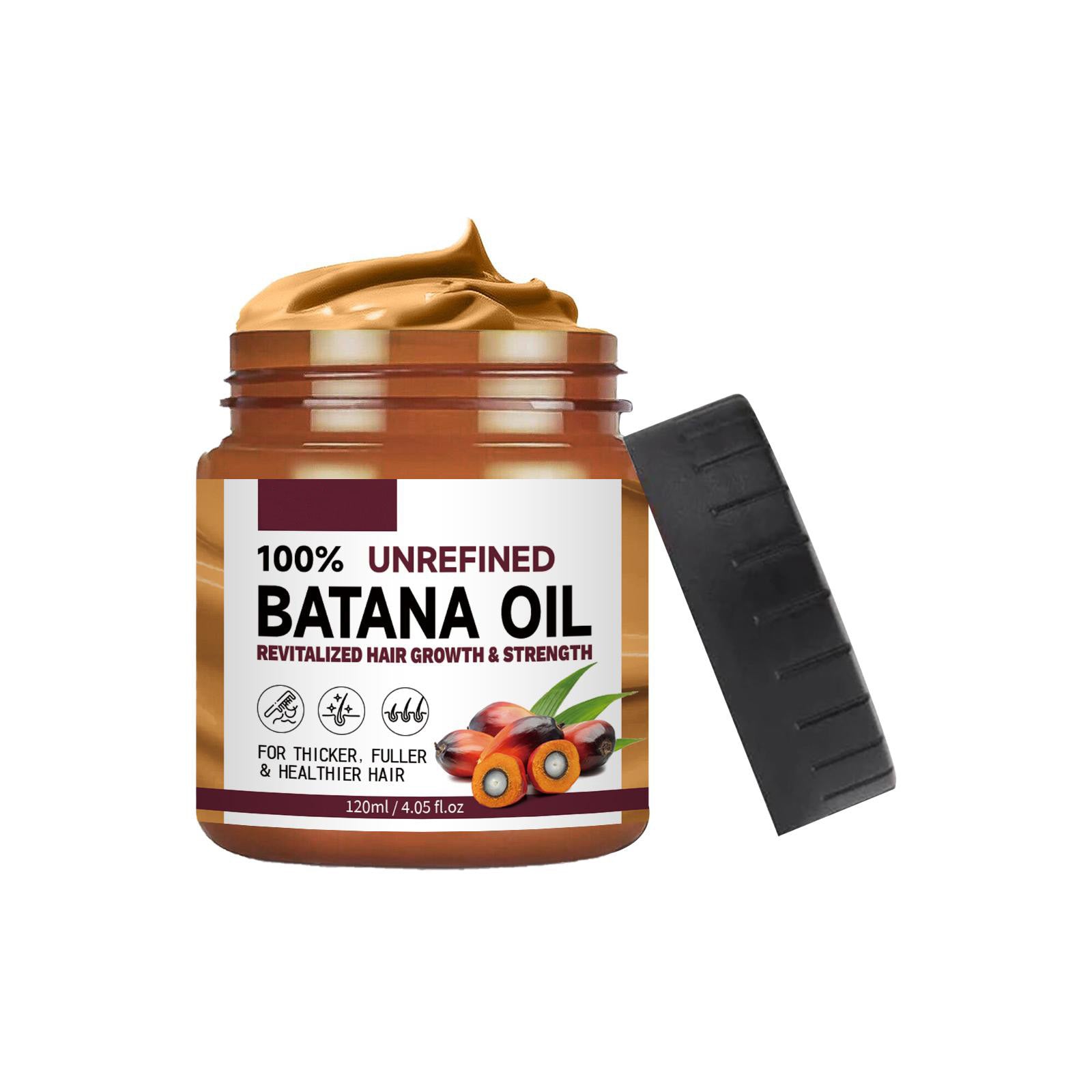 Natural Hair Regrowth Oil for Thick & Healthy Hair in a jar of 100% unrefined Batana Oil for revitalized hair growth.